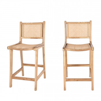 Basuki - Lot de 2 tabourets de bar en teck et cannage 65cm