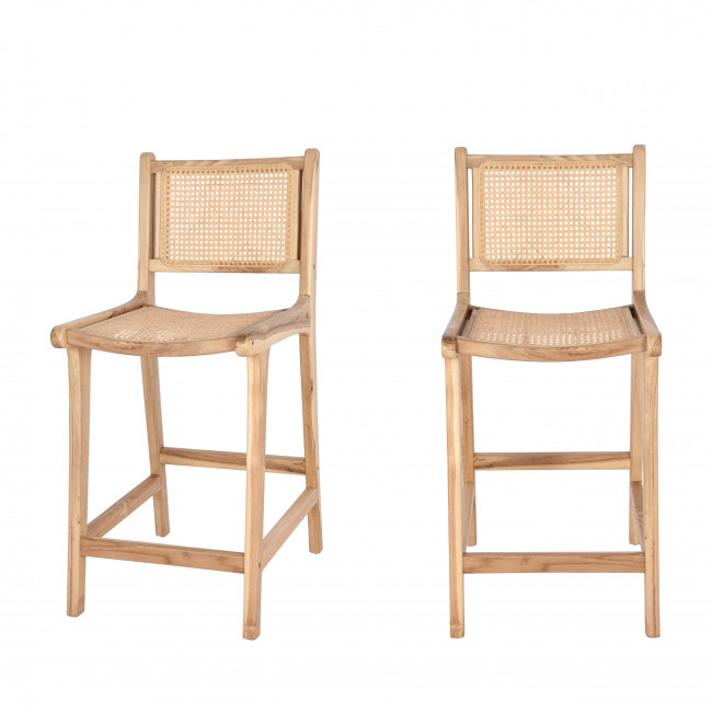 Basuki - Lot de 2 tabourets de bar en teck et cannage 65cm