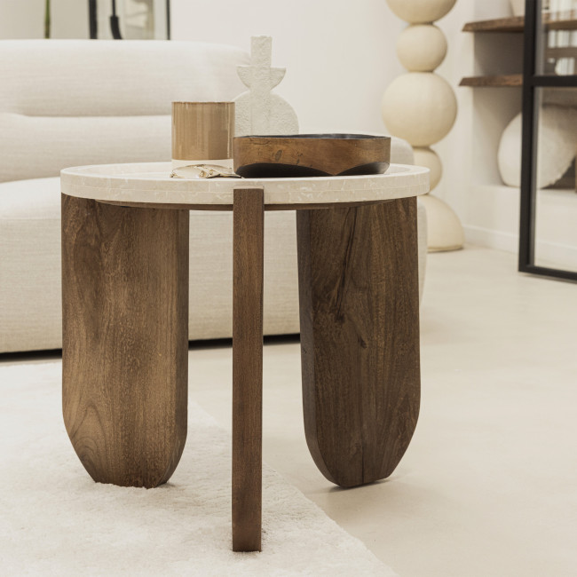 Nador - Table d'appoint en marbre et bois massif ø55cm