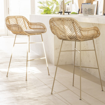 Nunuhai - Lot de 2 tabourets de bar en rotin pieds beige 76cm
