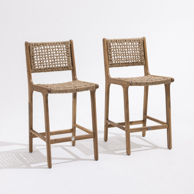 Lexia - Lot de 2 tabourets de bar en bois d'acacia et résine tressée H76cm