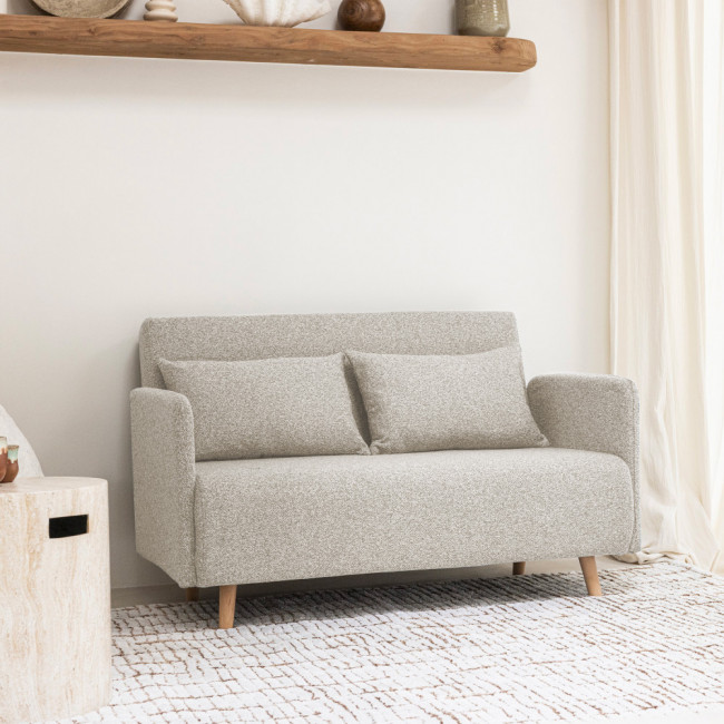 Belushi - Canapé convertible 2 places en tissu bouclette pieds bois clair L120cm