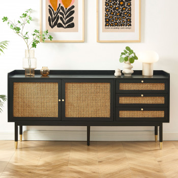 Bombong - Buffet 2 portes 3 tiroirs en bois et cannage L180cm