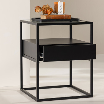 Fortaleza - Table de chevet 1 tiroir en verre et métal 