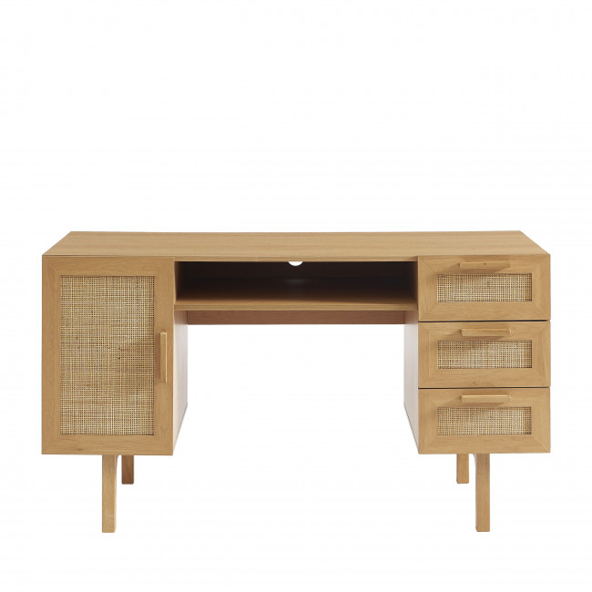 June - Bureau 1 porte 3 tiroirs en bois et cannage L135cm