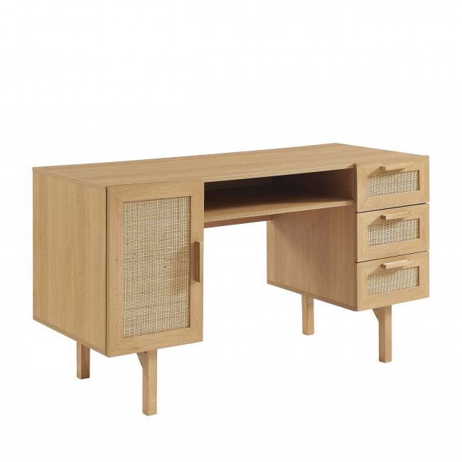 June - Bureau 1 porte 3 tiroirs en bois et cannage L135cm