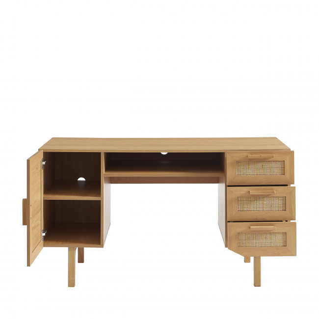 June - Bureau 1 porte 3 tiroirs en bois et cannage L135cm