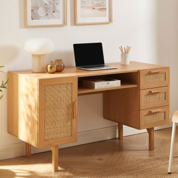 June - Bureau 1 porte 3 tiroirs en bois et cannage L135cm