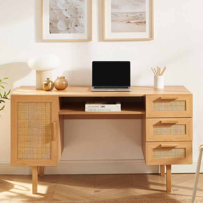 June - Bureau 1 porte 3 tiroirs en bois et cannage L135cm