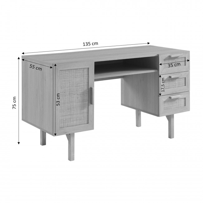 June - Bureau 1 porte 3 tiroirs en bois et cannage L135cm