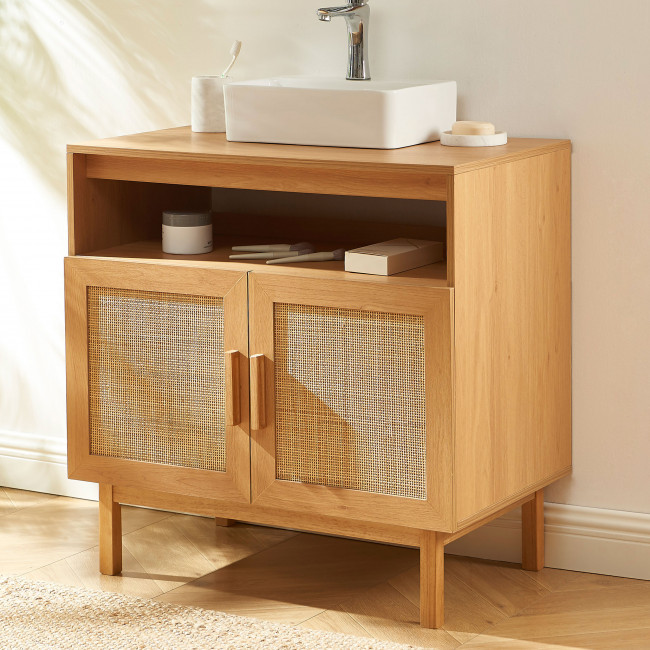 June - Meuble de salle de bain 1 vasque en bois et cannage L80cm