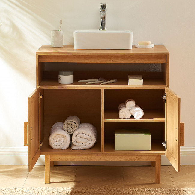 June - Meuble de salle de bain 1 vasque en bois et cannage L80cm