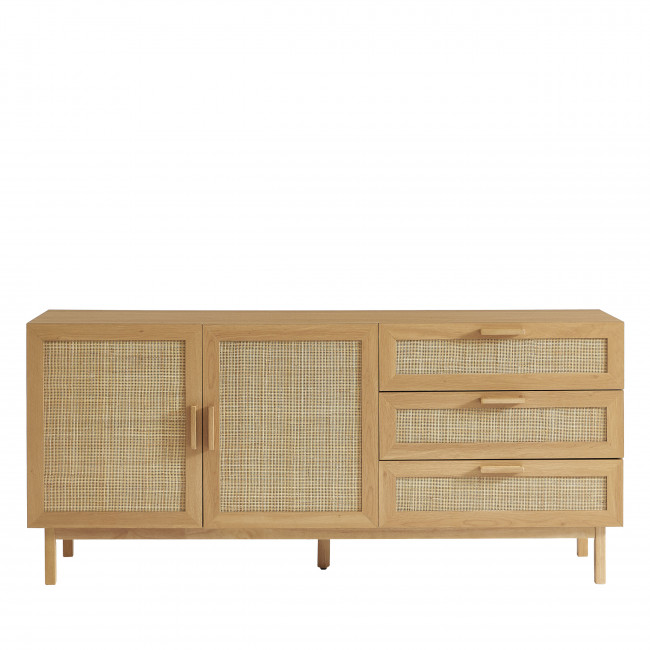 June - Buffet 2 portes 3 tiroirs en bois et cannage L180cm