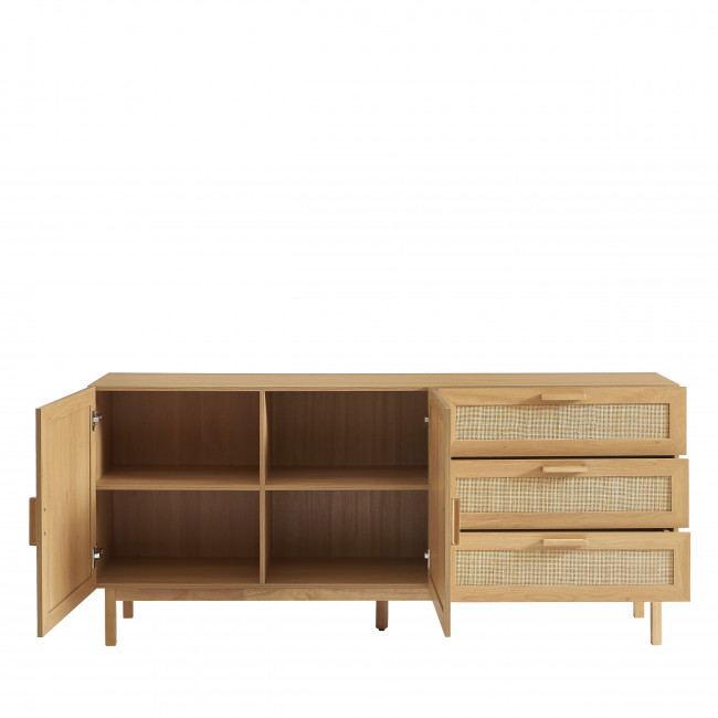 June - Buffet 2 portes 3 tiroirs en bois et cannage L180cm