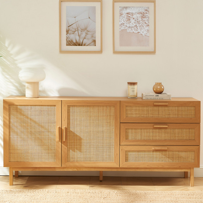 June - Buffet 2 portes 3 tiroirs en bois et cannage L180cm