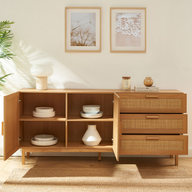 June - Buffet 2 portes 3 tiroirs en bois et cannage L180cm