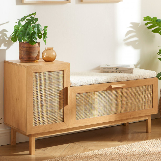 June - Banc d'entrée avec rangement à chaussures en bois et cannage L120cm