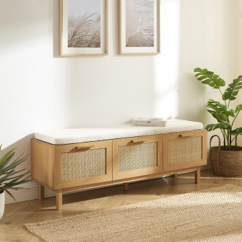 June - Banc d'entrée avec rangement à chaussures en bois et cannage L140cm