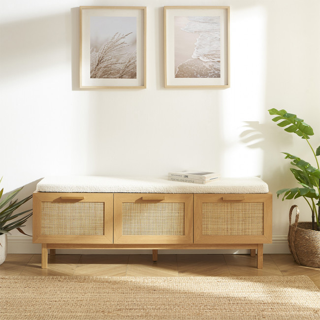 June - Banc d'entrée avec rangement à chaussures en bois et cannage L140cm