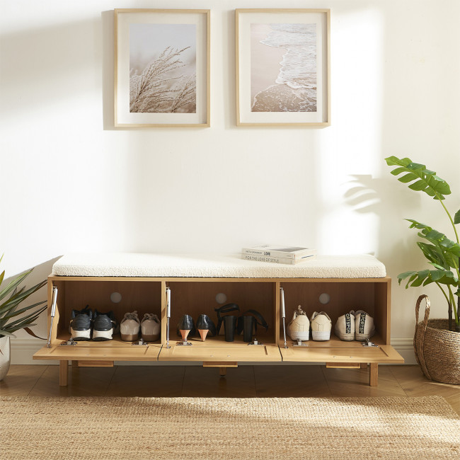 June - Banc d'entrée avec rangement à chaussures en bois et cannage L140cm