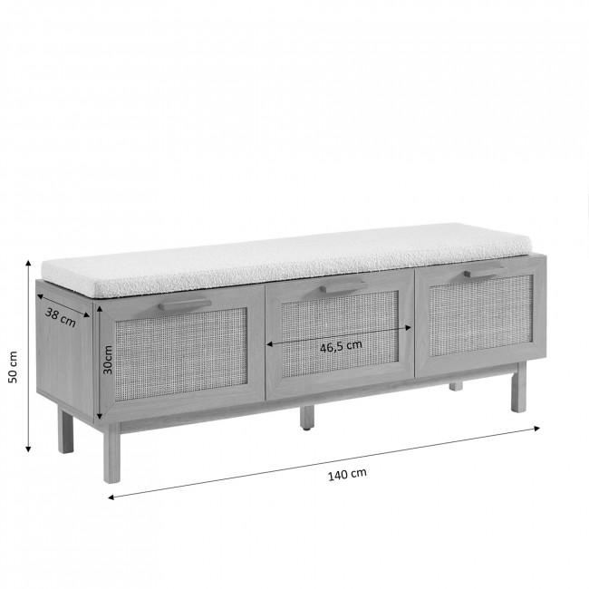June - Banc d'entrée avec rangement à chaussures en bois et cannage L140cm