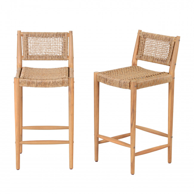 Nuri - Lot de 2 tabourets de bar intérieur/extérieur en bois d'acacia et résine tressée H66cm