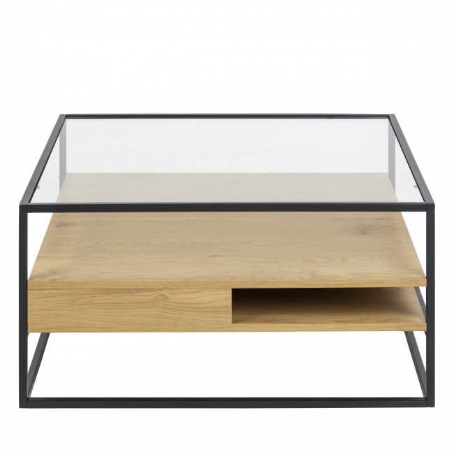 Luma - Table basse carrée en verre, bois et métal 80x80cm