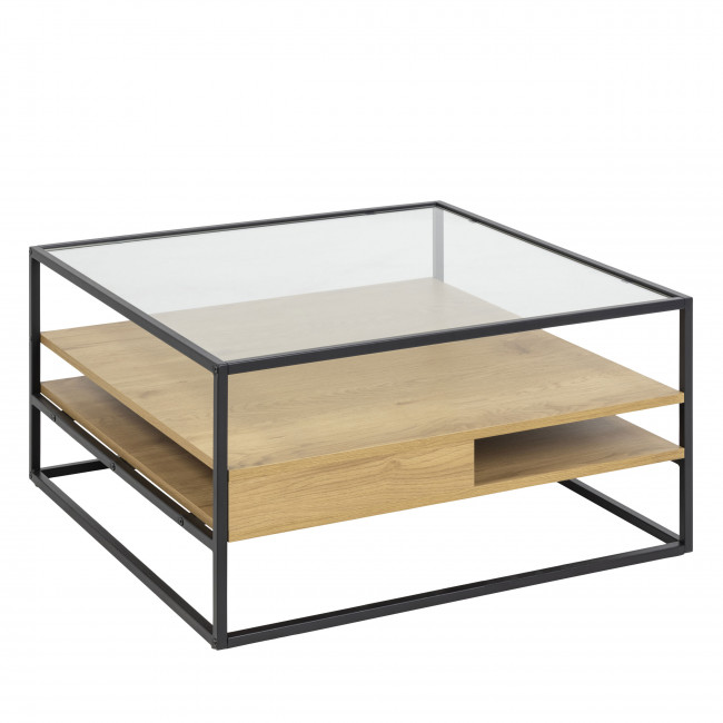 Luma - Table basse carrée en verre, bois et métal 80x80cm