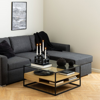 Luma - Table basse carrée en verre, bois et métal 80x80cm