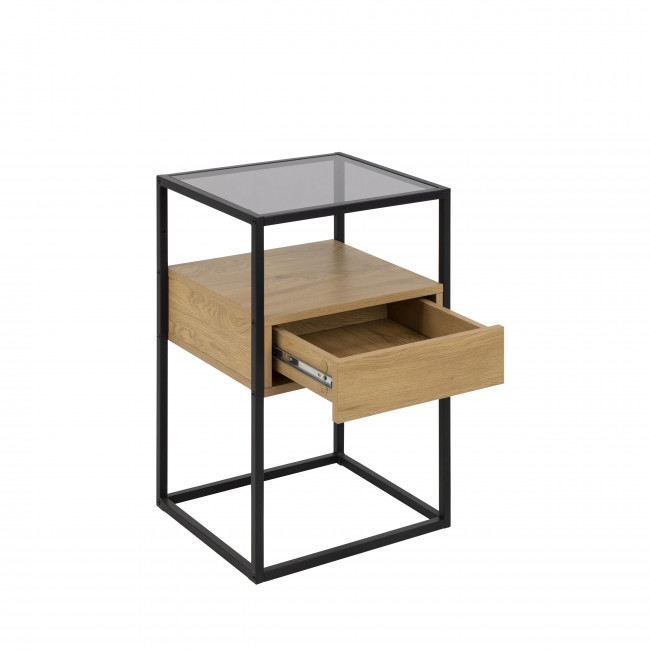 Luma - Table de chevet 1 tiroir en verre, bois et métal