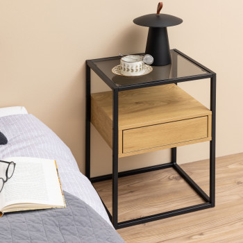 Luma - Table de chevet 1 tiroir en verre, bois et métal