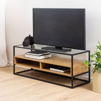 Luma - Meuble TV en verre, bois et métal L120cm