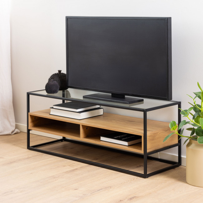 Luma - Meuble TV en verre, bois et métal L120cm