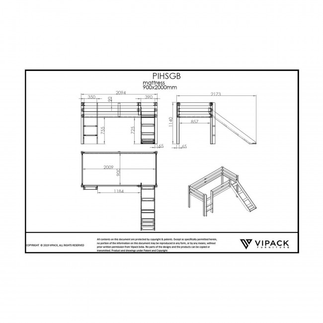 Luna - Lit enfant mezzanine avec toboggan en bois 90x200cm
