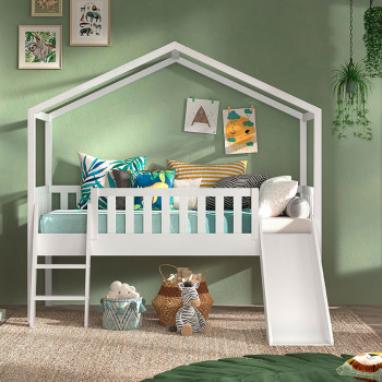 Alapi - Lit enfant surélevé avec toboggan en bois 90x200cm