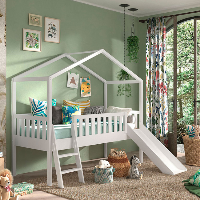 Alapi - Lit enfant surélevé avec toboggan en bois 90x200cm