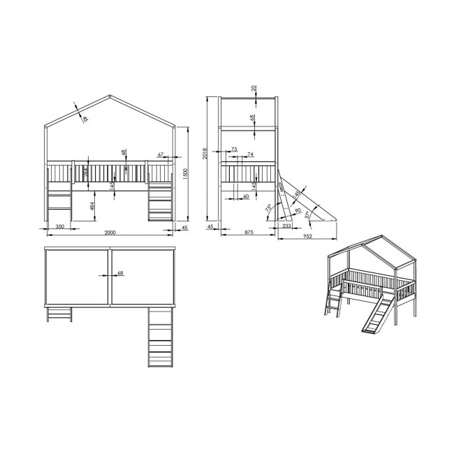 Alapi - Lit enfant surélevé avec toboggan en bois 90x200cm