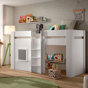 Teo - Lit enfant mezzanine avec échelle en bois 90x200cm