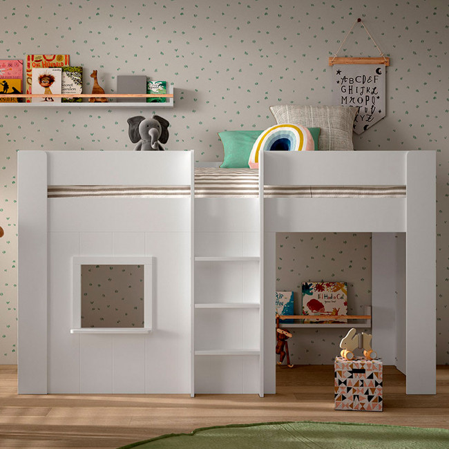 Teo - Lit enfant mezzanine avec échelle en bois 90x200cm