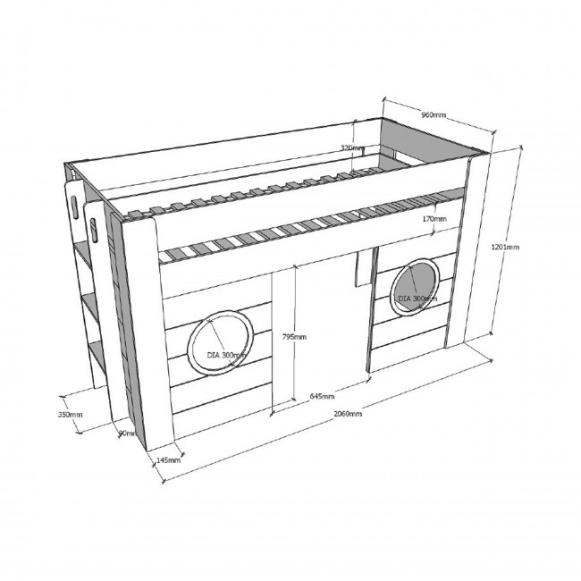 Hublot - Lit enfant mezzanine en bois 90x200cm