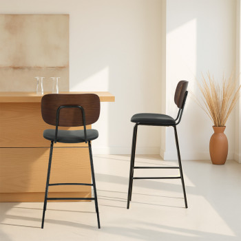 Jens - Lot de 2 chaises de bar en bois foncé, simili et métal H66cm