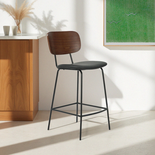 Jens - Lot de 2 chaises de bar en bois foncé, simili et métal H66cm