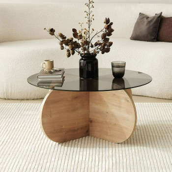 Bully - Table basse ronde en verre trempé et bois ø75cm