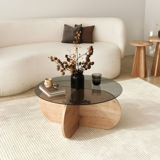 Bully - Table basse ronde en verre trempé et bois ø75cm