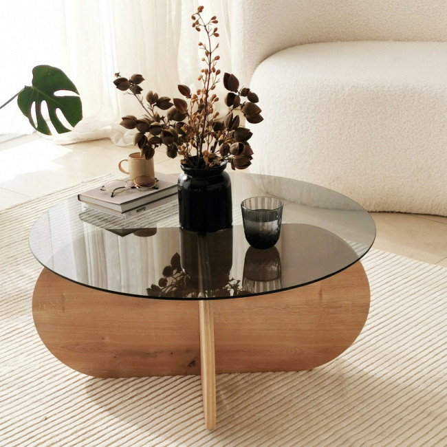 Bully - Table basse ronde en verre trempé et bois ø75cm