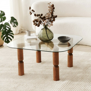 Colonia - Table basse carrée en verre trempé et bois 80x80cm