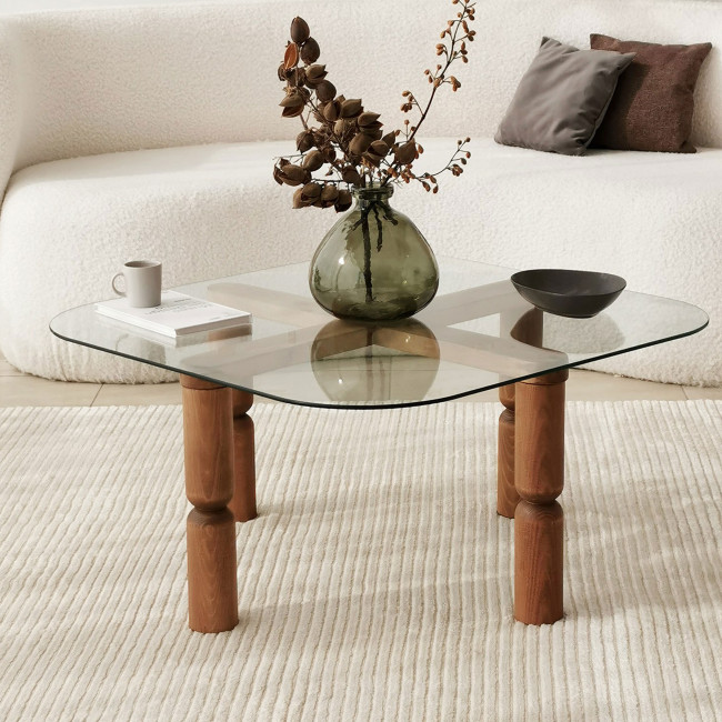 Colonia - Table basse carrée en verre trempé et bois 80x80cm