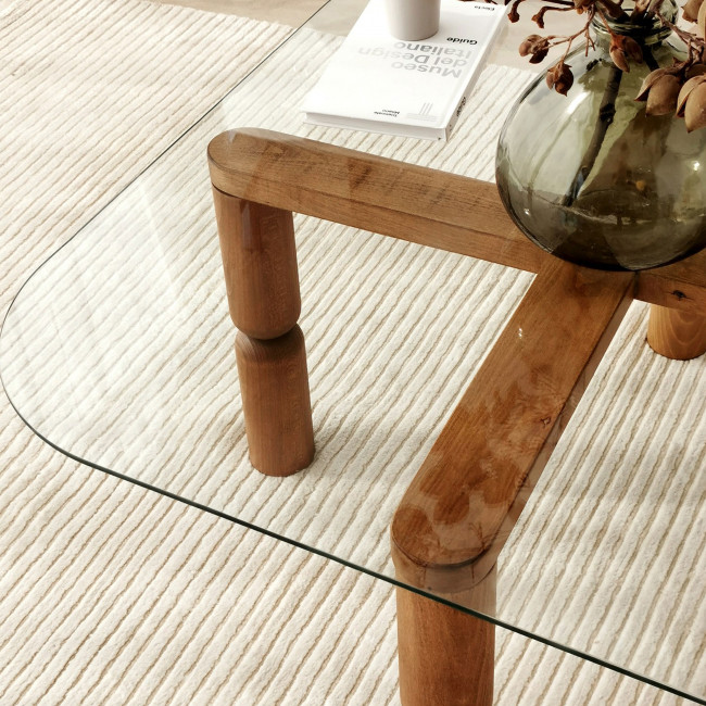 Colonia - Table basse carrée en verre trempé et bois 80x80cm