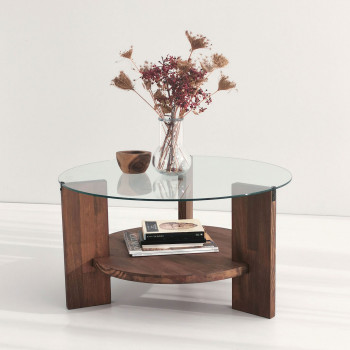 Mino - Table basse ronde en verre trempé et bois ø75cm