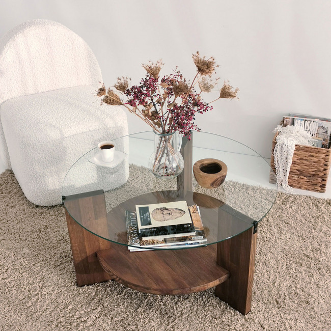 Mino - Table basse ronde en verre trempé et bois ø75cm